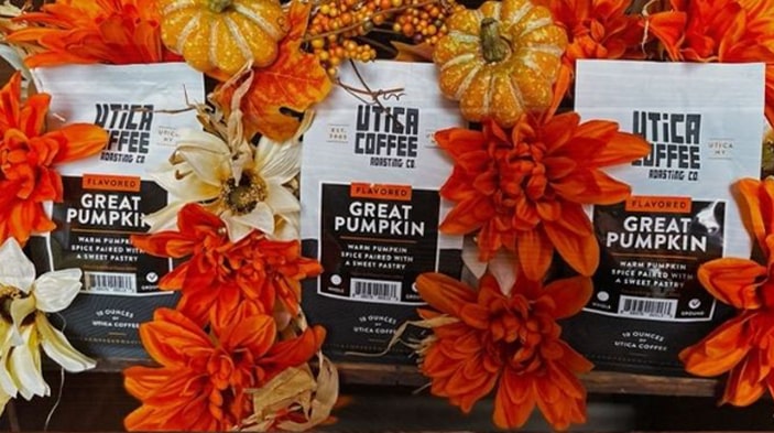 three bags of Great Pumpkin flavored coffee from Utica Coffee Roasting Company