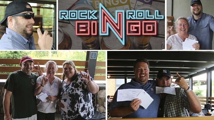 Photo is a a grid divided into 5 rectangles featuring bingo players during Rock N Roll Bingo at Point Place Casino