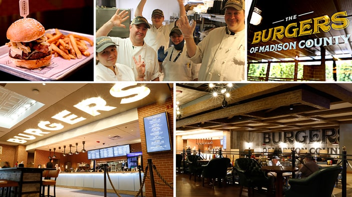 Photo is divided into five rectangles showing a hamburger with fries, the chef team, burgers of madison county logo, and two interior shots of Burgers of Madison County