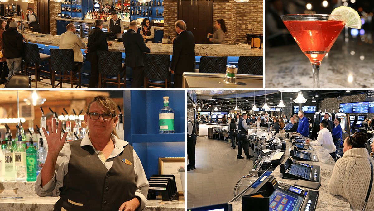 photo is a grid divided into four rectangles showing guests drinking at the bar at Point Place Casino, the bartender smiling, a cocktail, and sports book guests