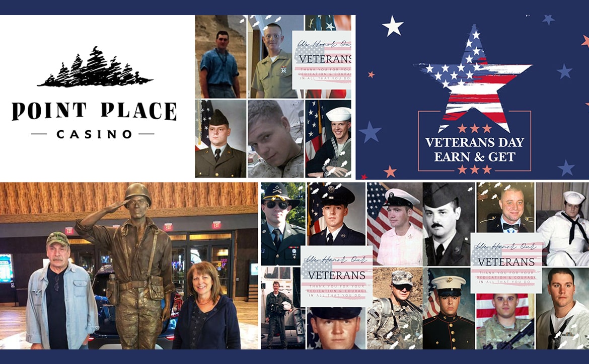 photo is a grid divided into twenty rectangles featuring the Point Place Casino logo, Veterans Day Earn and Get Promo icon, and veterans being honored at Point Place Casino