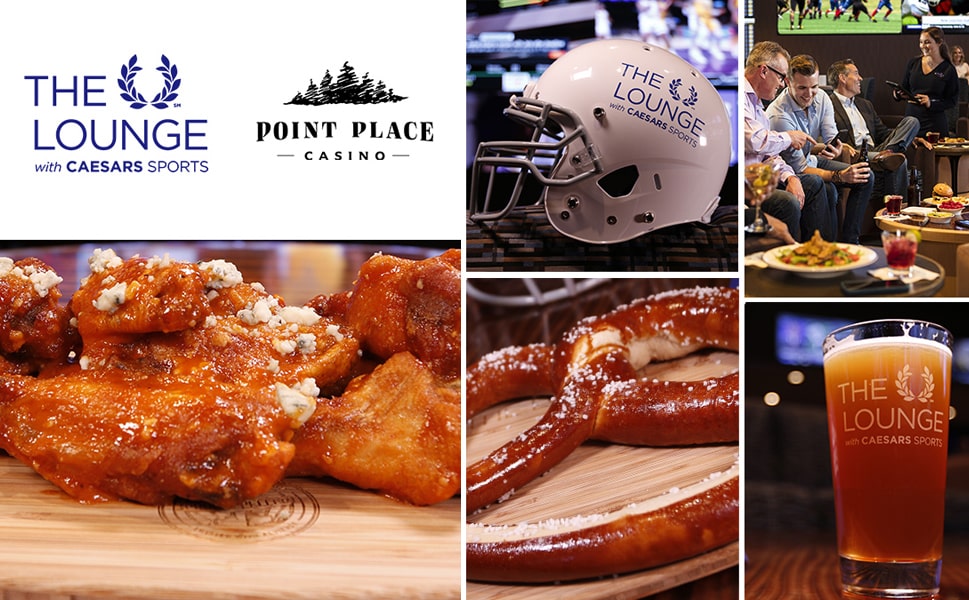 Photo is a a grid divided into 6 rectangles featuring The Lounge and Point Place Casino logos, a white football helmet with The Lounge logo on it, fans watching sports, a pint of beer, a large soft pretzel, and saucy buffalo wings