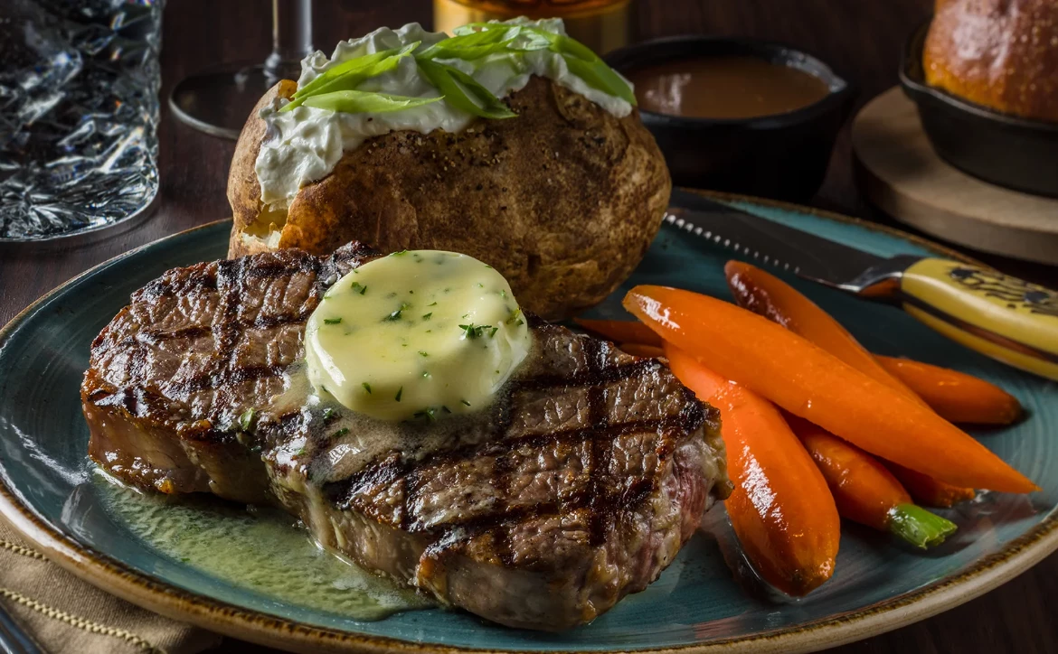steak, potatoes, carrots
