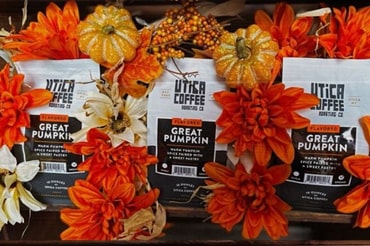 three bags of Great Pumpkin flavored coffee from Utica Coffee Roasting Company