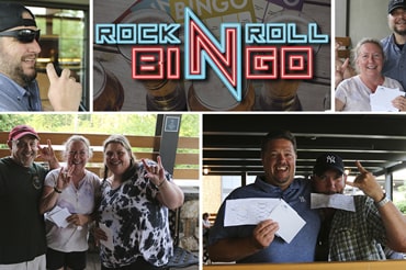 Photo is a a grid divided into 5 rectangles featuring bingo players during Rock N Roll Bingo at Point Place Casino