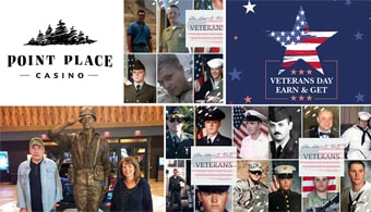 photo is a grid divided into twenty rectangles featuring the Point Place Casino logo, Veterans Day Earn and Get Promo icon, and veterans being honored at Point Place Casino