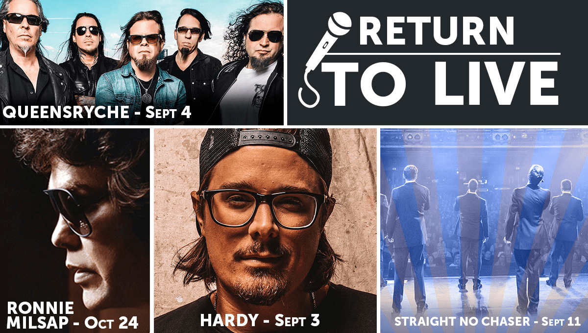 Photo is a grid divided into five rectangles showing the Return to Live music lineup