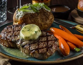 steak, potatoes, carrots
